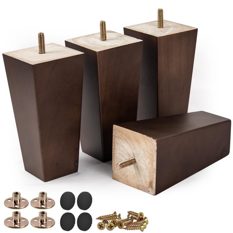 Btowin 6 inch Solid Wood Furniture Legs, 4Pcs Mid-Century Modern Wooden Pyramid Replacement Feet with Threaded 5/16'' Hanger Bolts & Mounting Plate & Screws for Sofa Couch Chair Recliner - Image 1